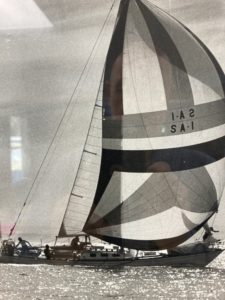 “SA Navy yacht Voortrekker at the start of the 1979 Cape to Uruguay Race. Jonathan is on the foredeck.”